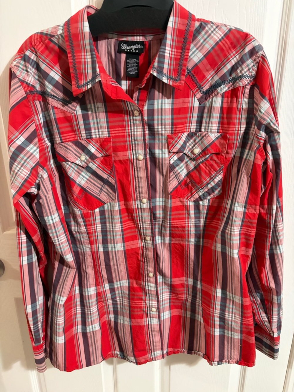 Wrangler Red Plaid Western Snap Shirt with Blue Accents